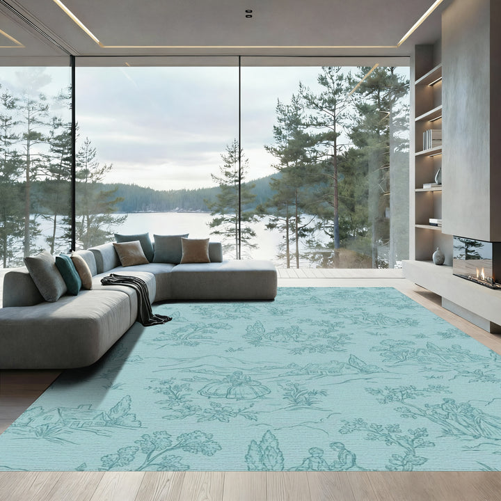 Aqua Rural Countryside Village Scenes Rug