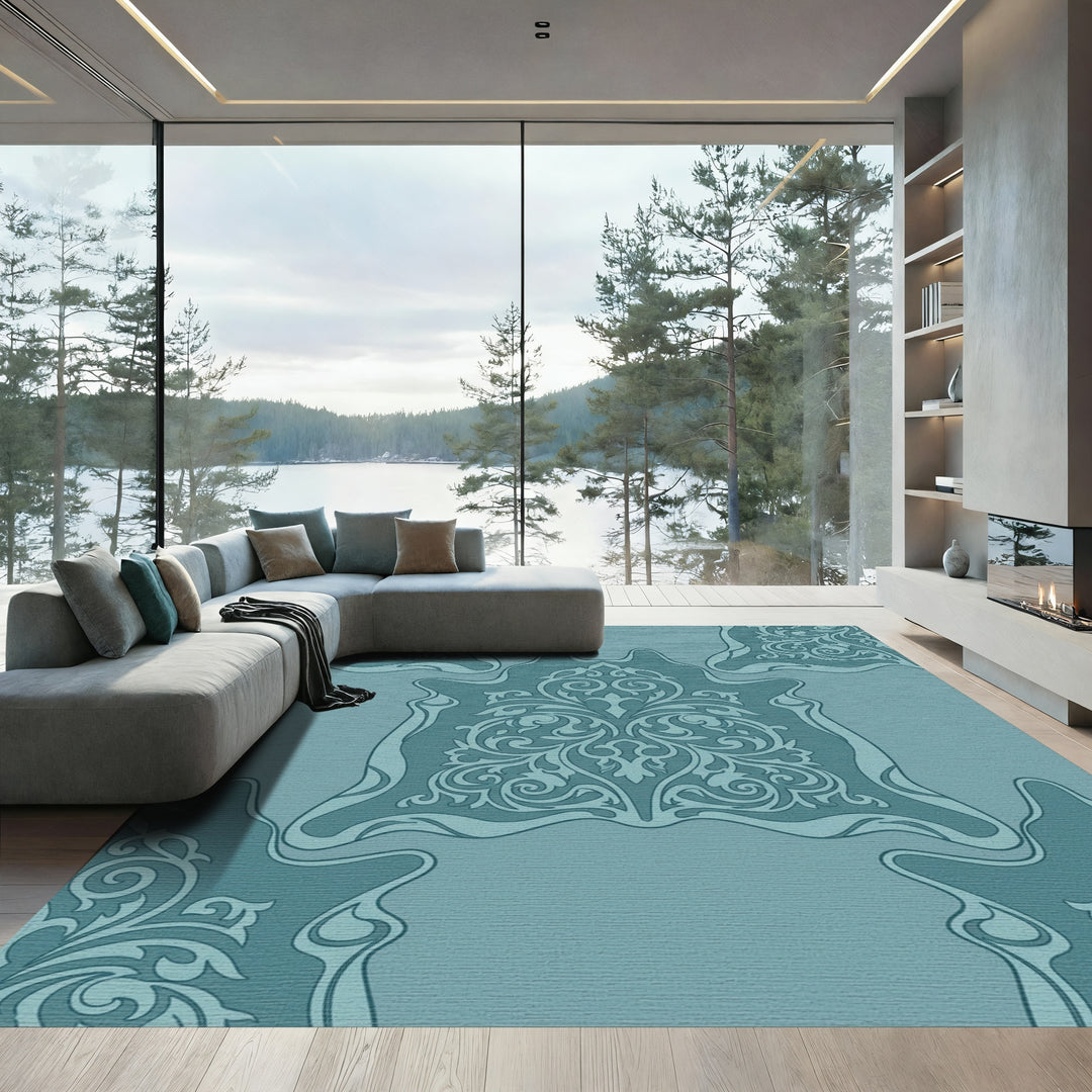 Teal Ornate Scrollwork Damask Medallion Rug