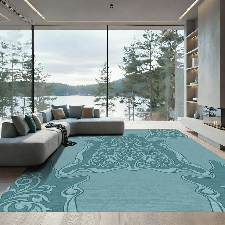 Teal Ornate Scrollwork Damask Medallion Rug