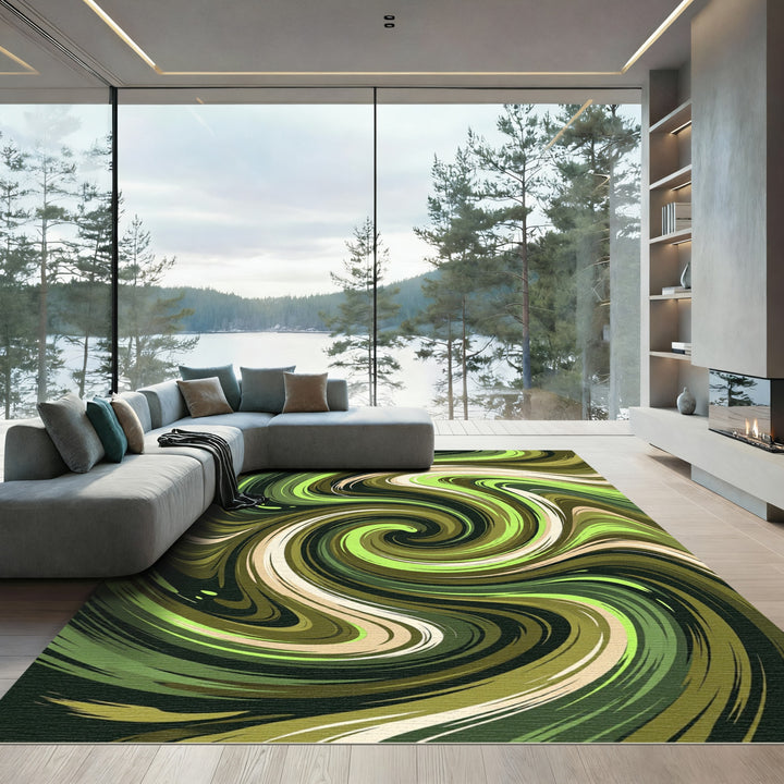 Swirling Abstract Earthy Green Rug