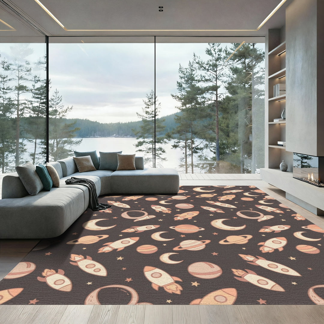 Cute Space Moon Rockets And Planets Rug