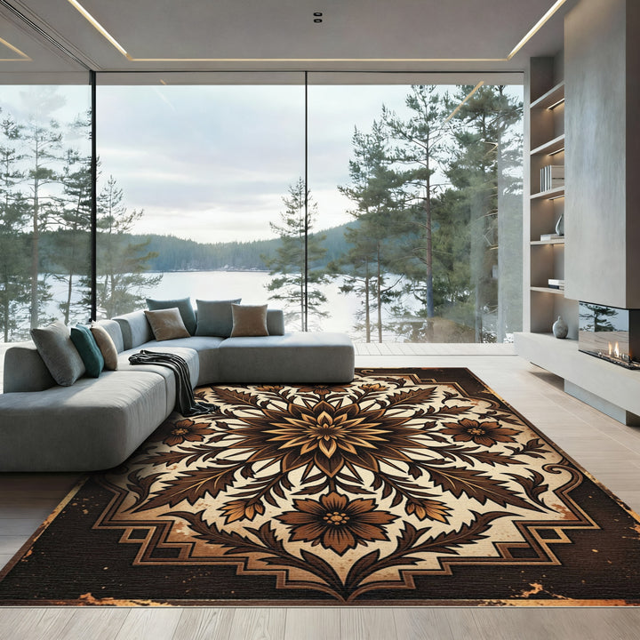 Brown Floral Medallion Symmetry Rug