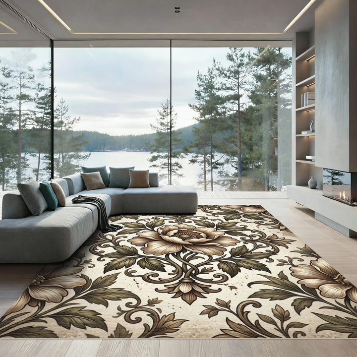 Vintage Brown Floral Scrollwork Rug