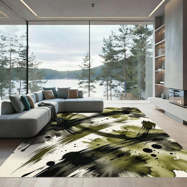 Abstract Ink Brush Swirl Rug