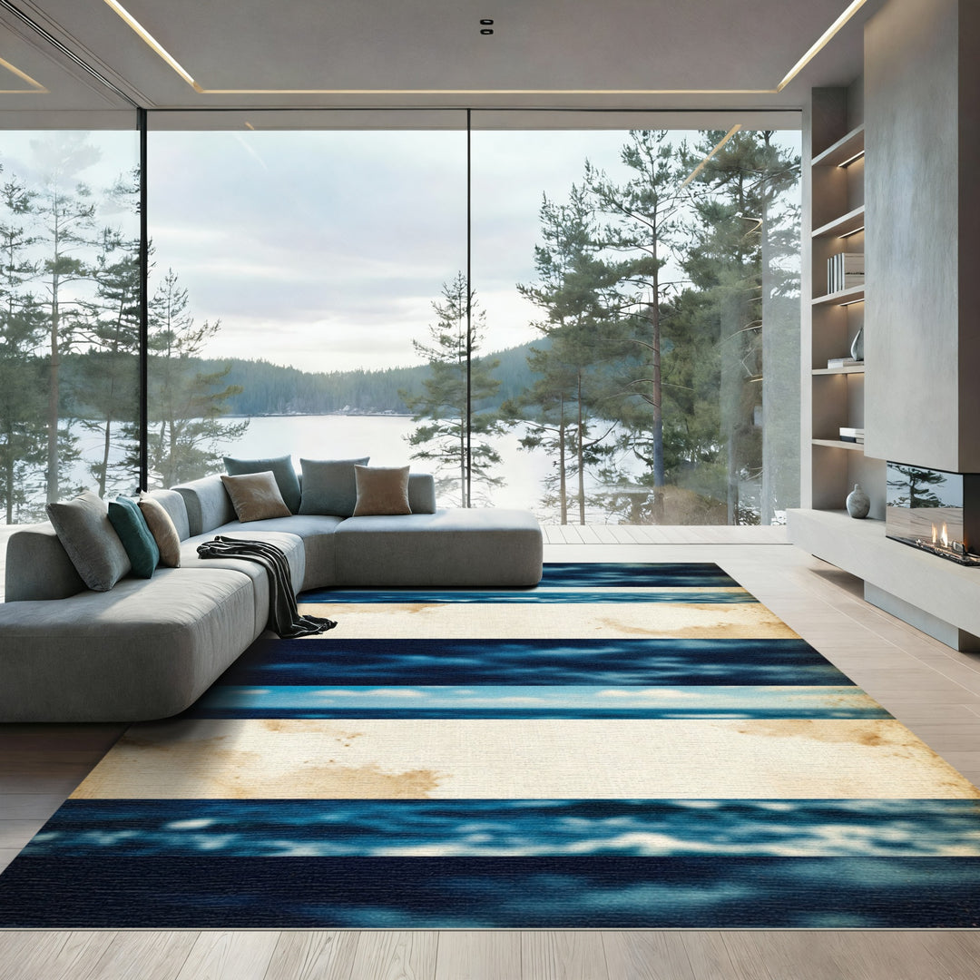 Coastal Stripes Cloudy Sky Ocean Rug