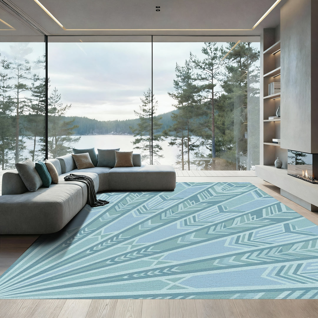 Pale Blue Geometric Sunburst Rug