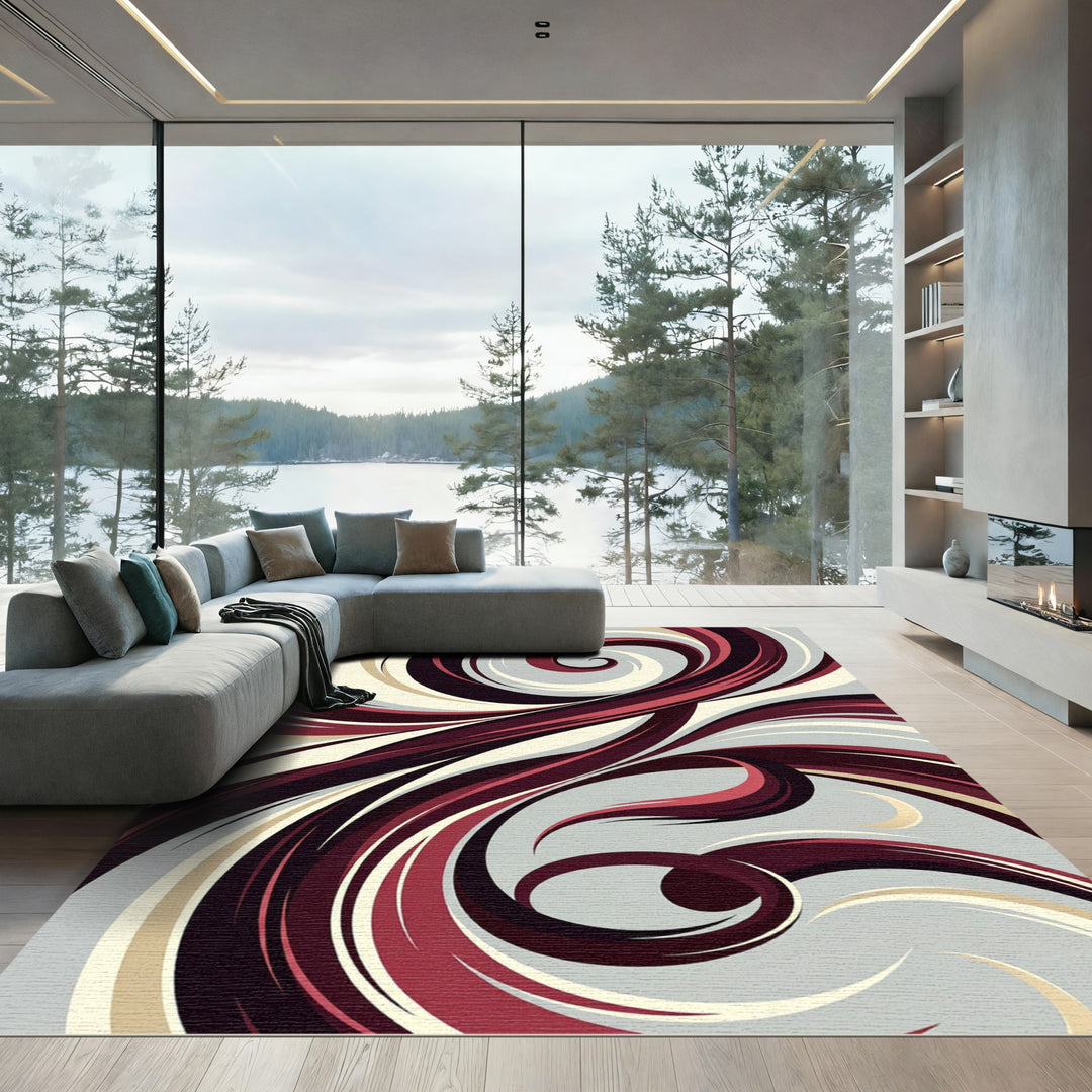 Majestic Maroon Swirl Abstract Art Rug