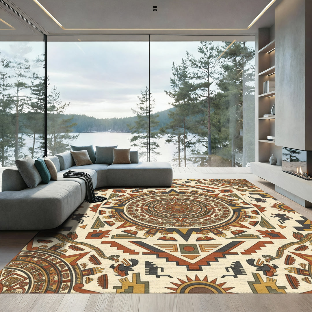 Aztec Sun Stone Geometric Medallion Accents Rug
