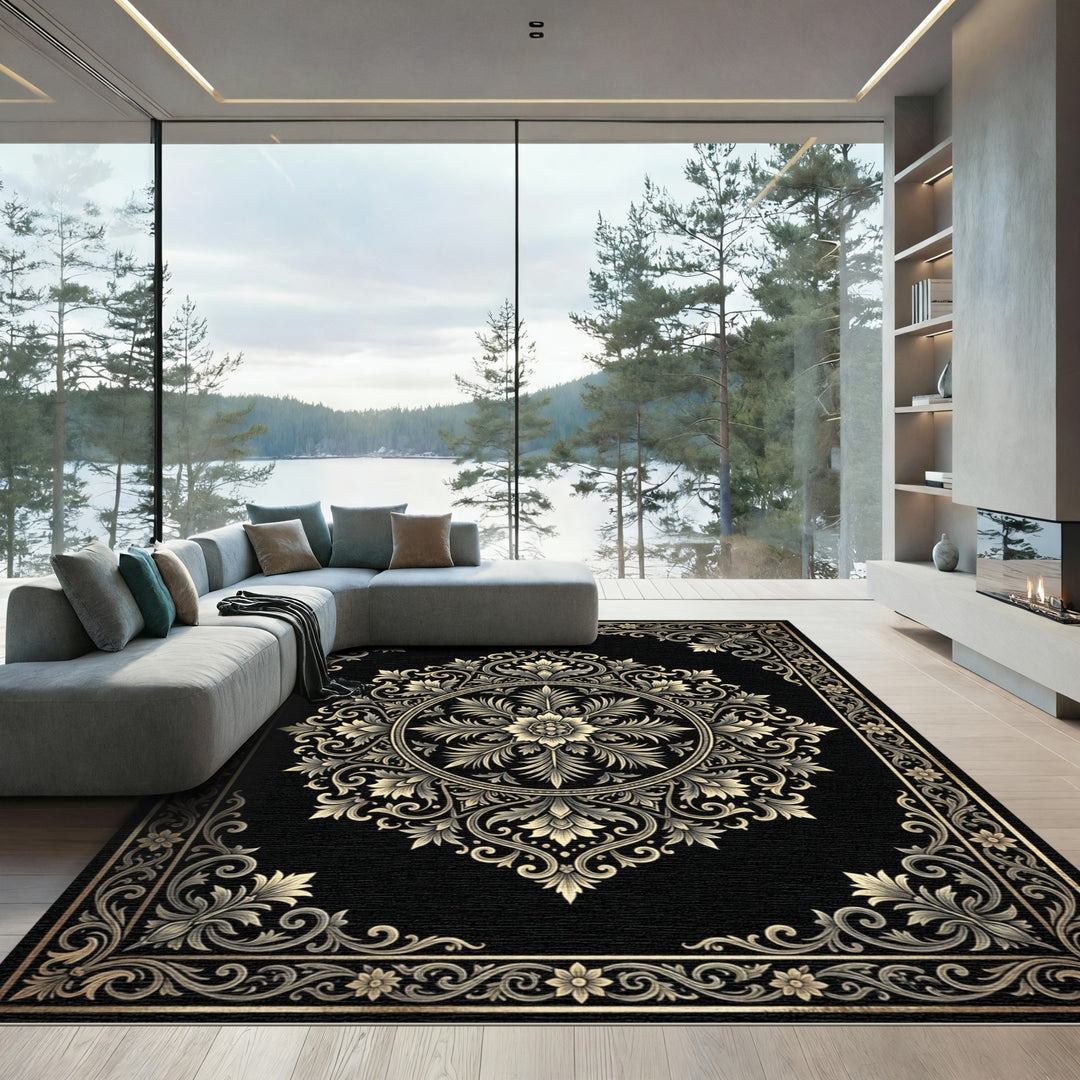 Black Golden Floral Medallion Rug
