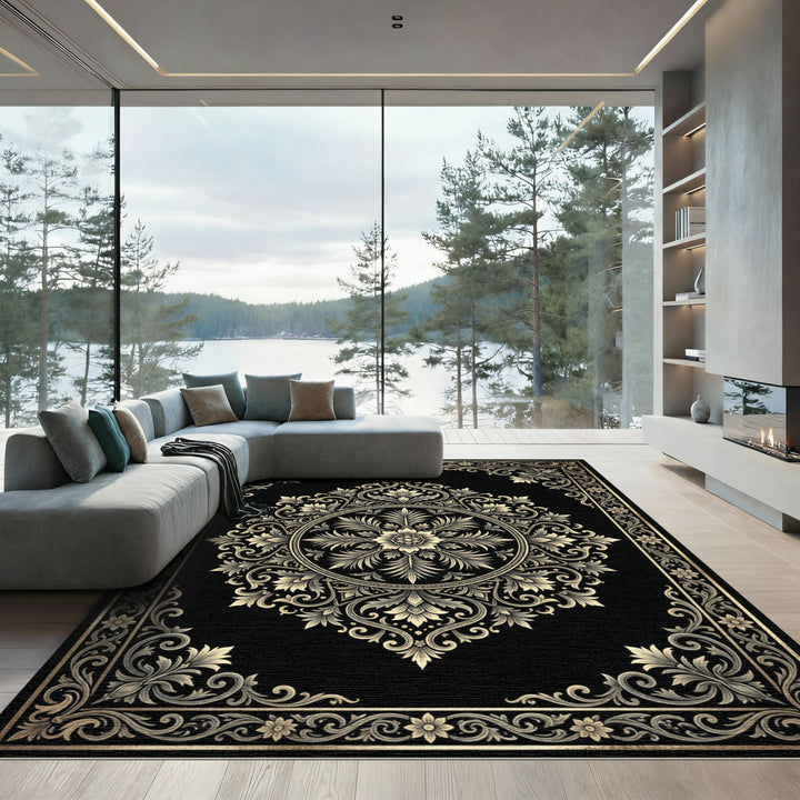 Black Golden Floral Medallion Rug