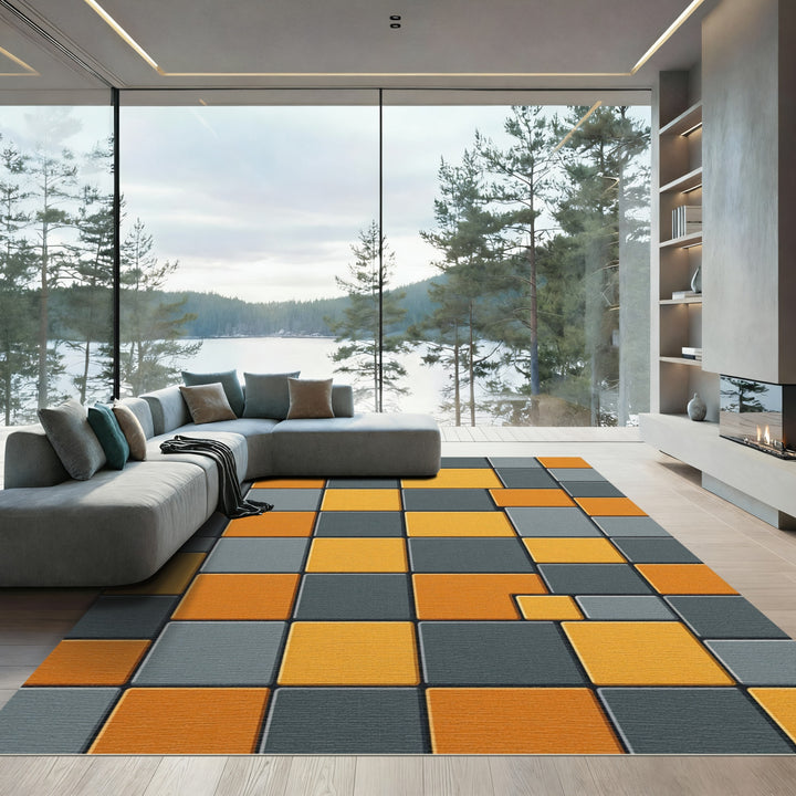 Orange Gray Geometric Block Rug