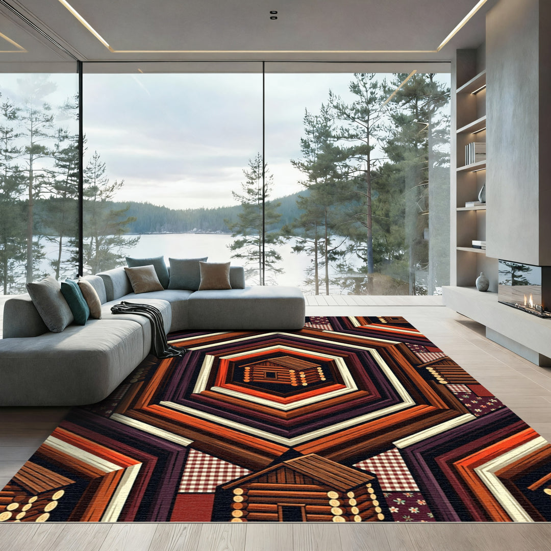 Rustic Log Cabin Hexagonal Quilt Effect Rug