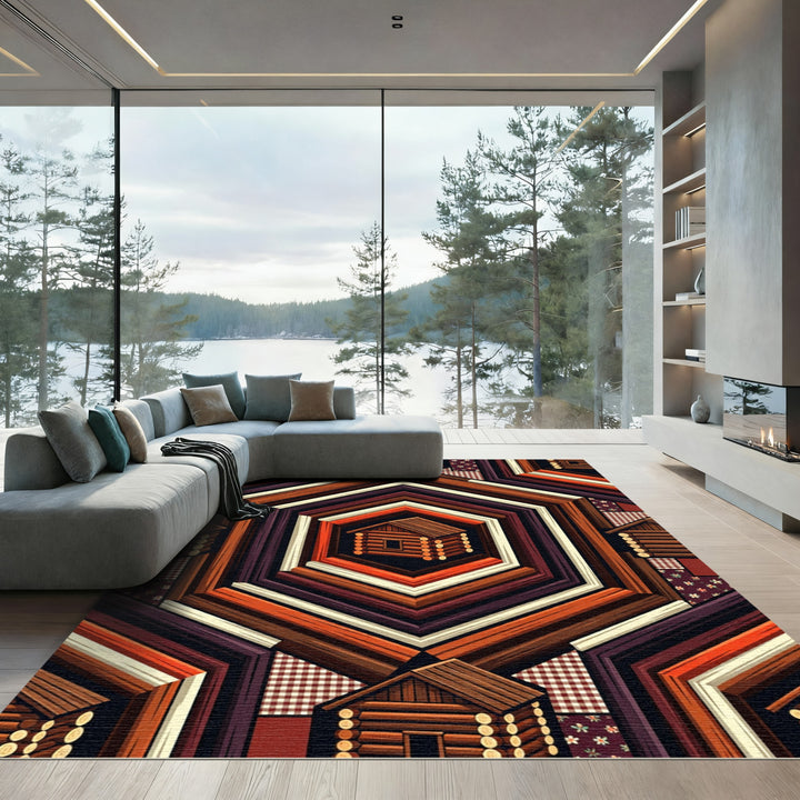 Rustic Log Cabin Hexagonal Quilt Effect Rug