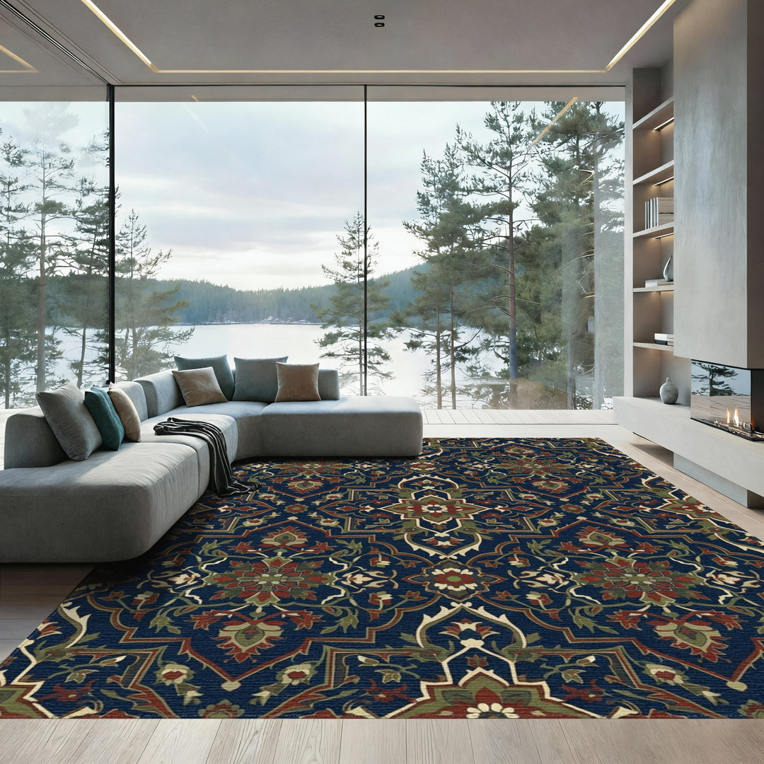Deep Blue Floral Medallion Rug