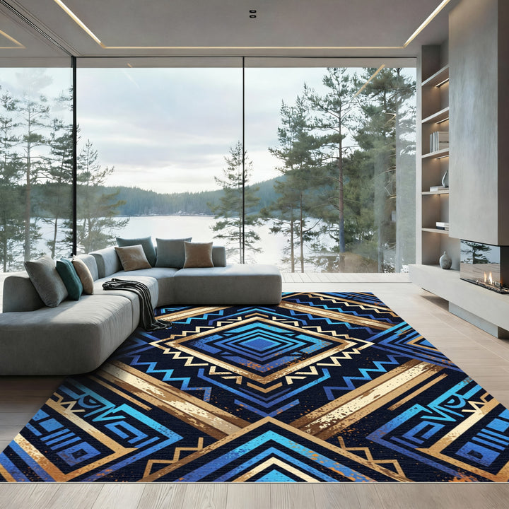 Bold Blue Geometric Zigzag Diamond Rug