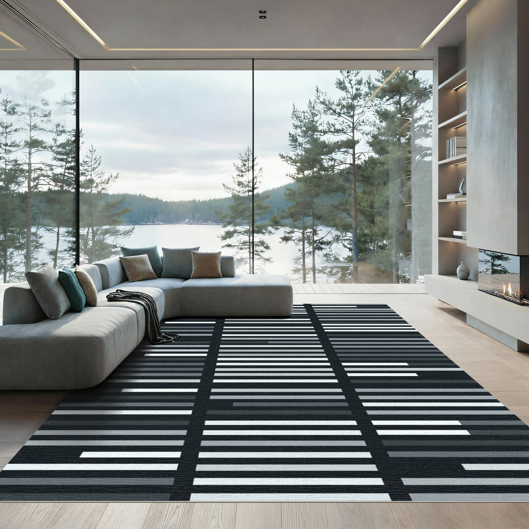Grayscale Geometric Bar Lines Rug