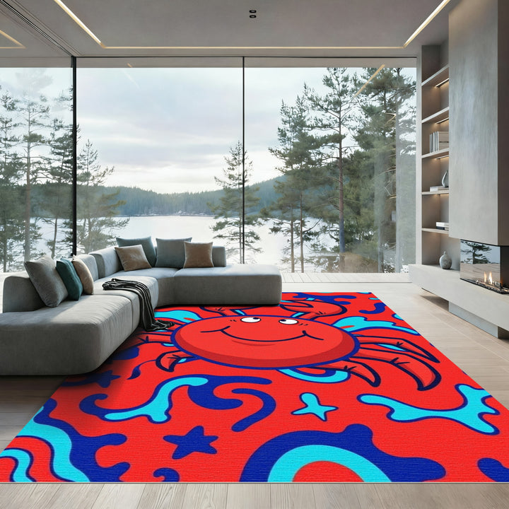 Playful Red Crab Blue Wave Rug