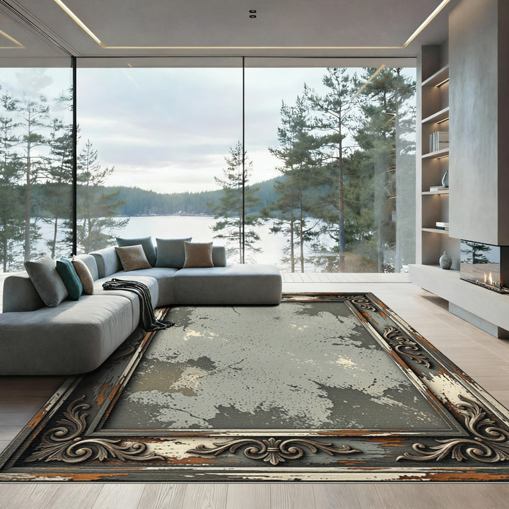 Distressed Rustic Ornate Frame Rug