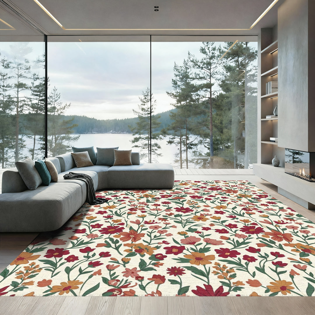 Crimson Orange Floral Blossom Field Rug