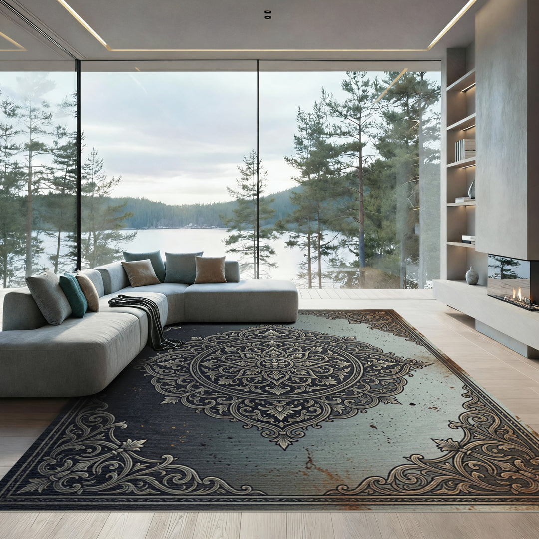 Ornate Dark Gray Mandala Rug