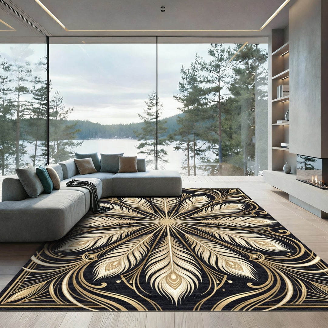 Art Deco Golden Peacock Feather Rug