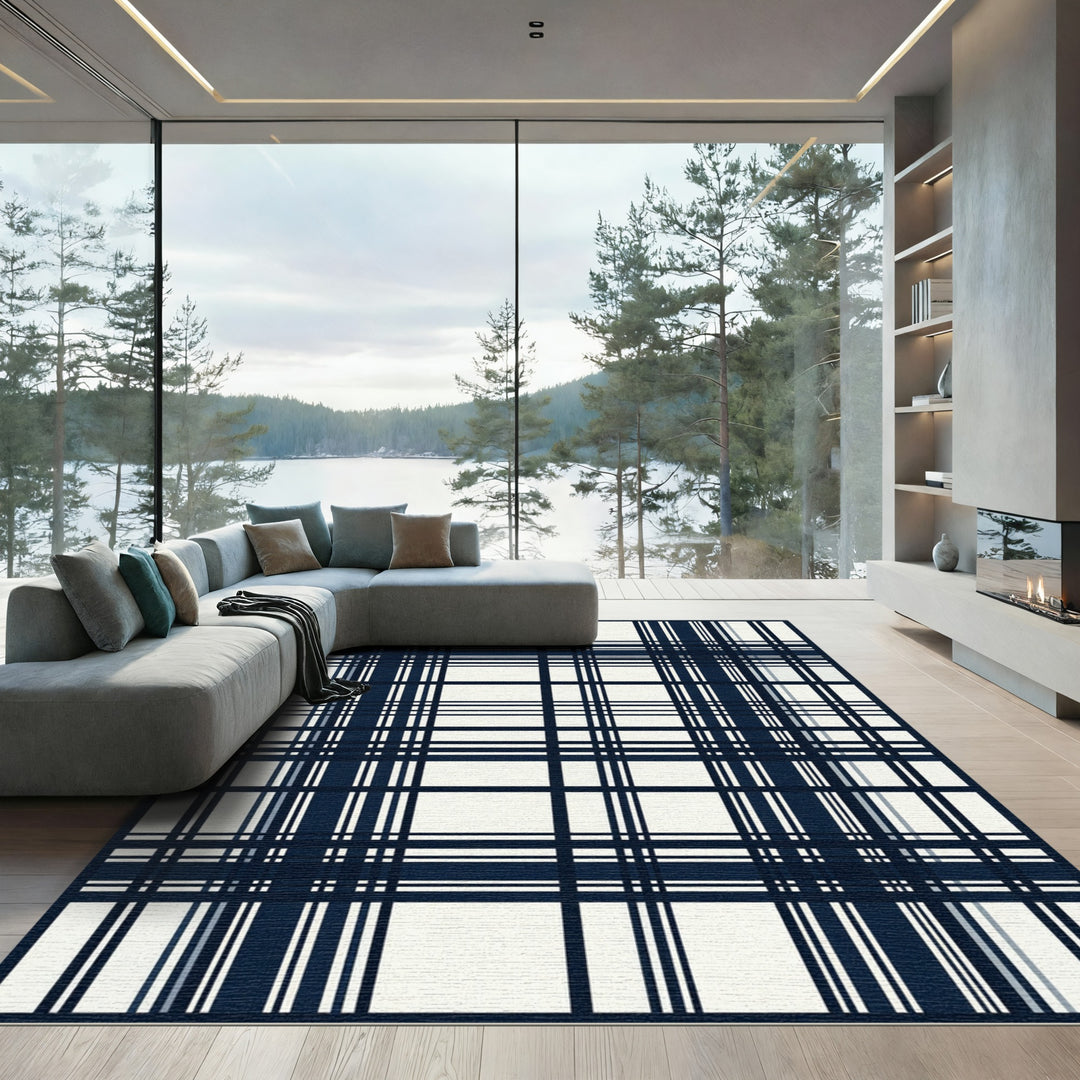 Classic Navy White Plaid Lines Rug