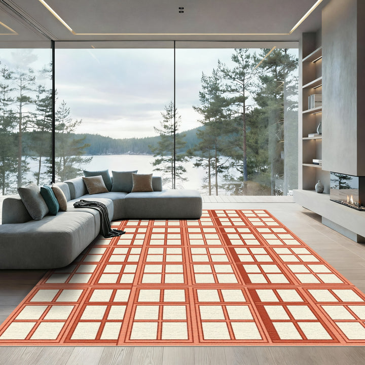 Terracotta Grid Squares Composition Rug