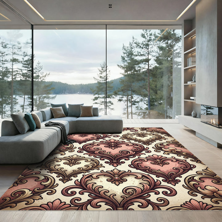 Ornate Pink Heart Baroque Rug