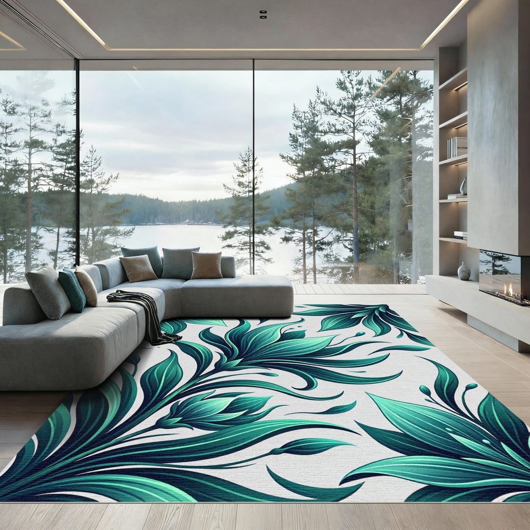 Emerald Green Tropical Leaf Garden Rug