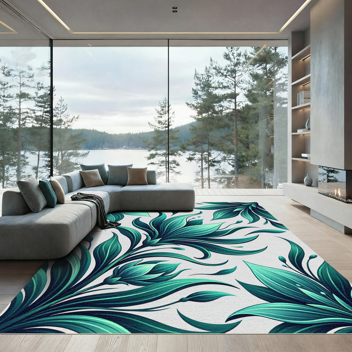 Emerald Green Tropical Leaf Garden Rug