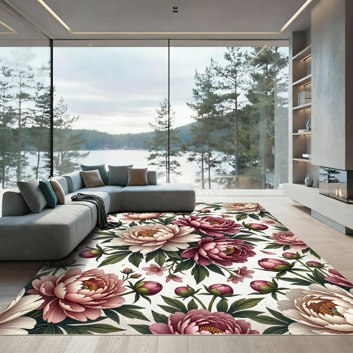 Elegant Pink and White Peony Blooms Rug