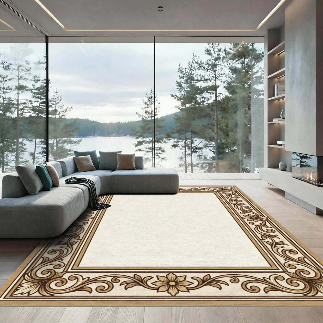 Ornate Beige Floral Scroll Rug