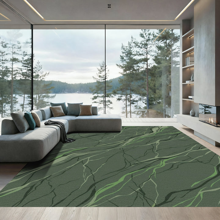 Earthy Green Abstract Root Twig Rug