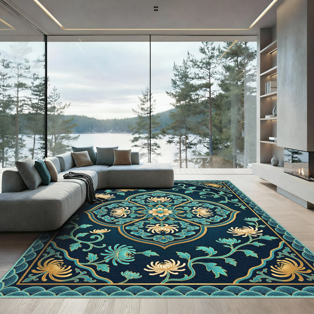 Deep Blue Golden Chrysanthemum Floral Swirl Rug