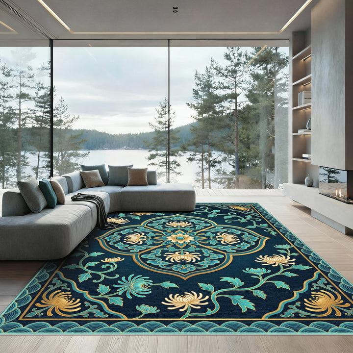 Deep Blue Golden Chrysanthemum Floral Swirl Rug