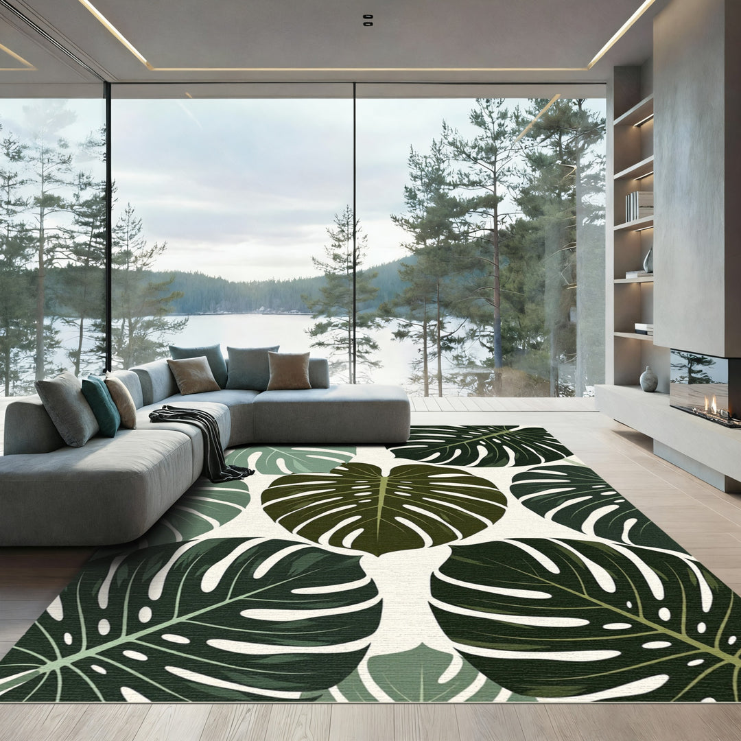 Green Tropical Monstera Leaf Pattern Rug