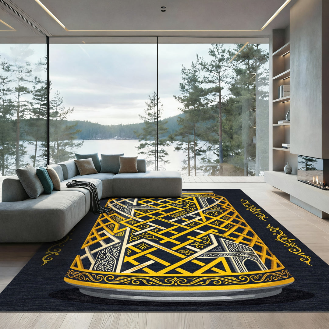 Golden Interlocking Geometric Can Rug