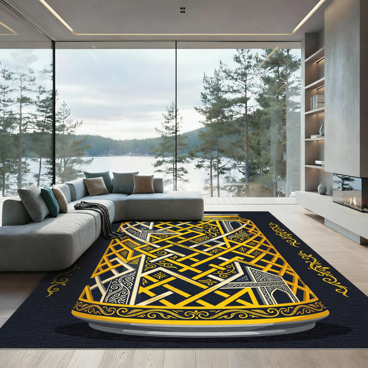 Golden Interlocking Geometric Can Rug