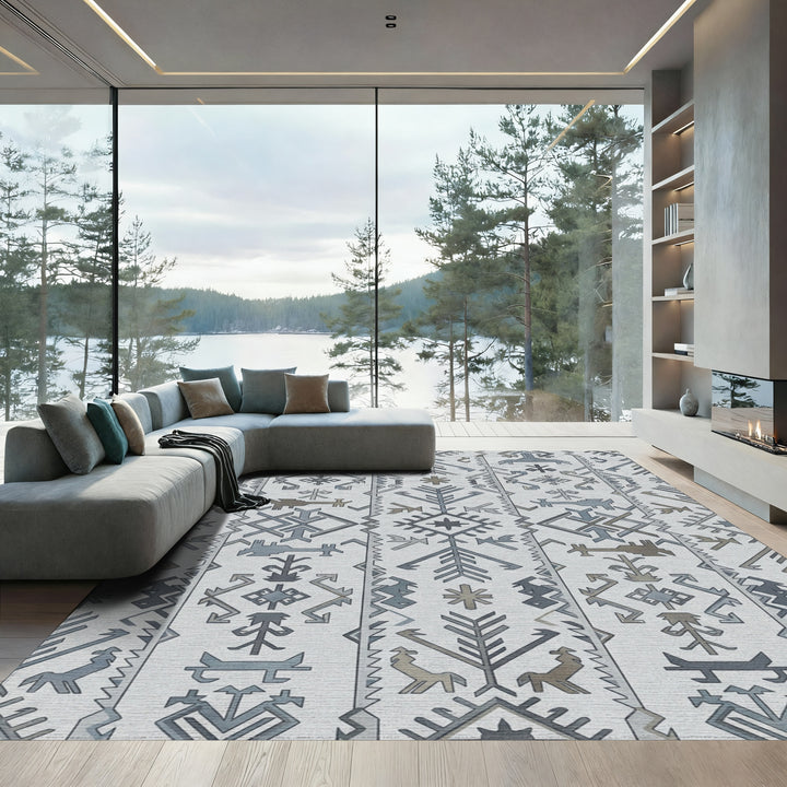 Gray Blue Tribal Band Geometric Rug