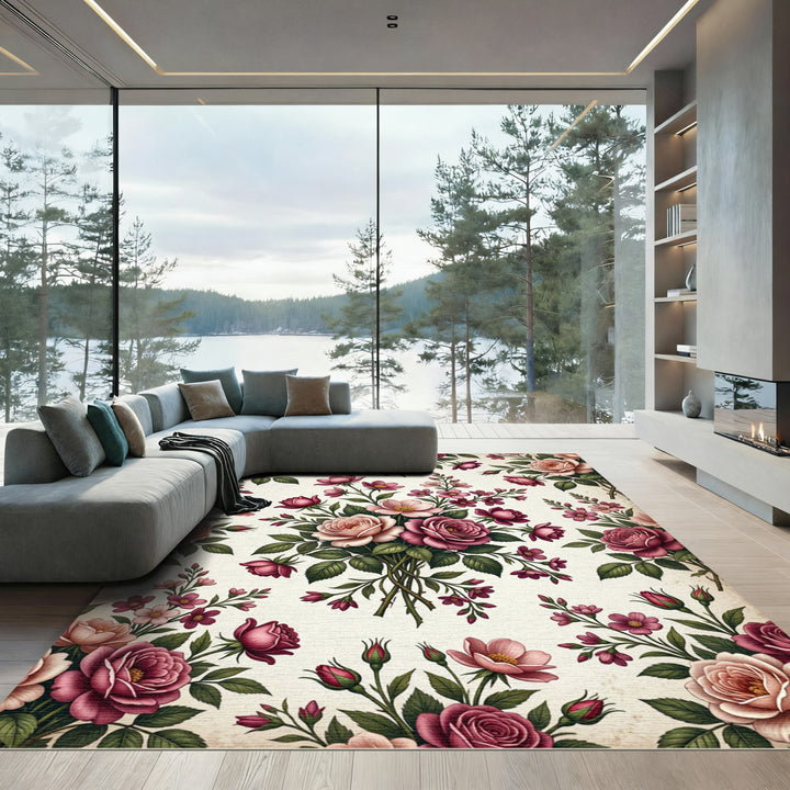 Vintage Burgundy Rose Botanical Flourish Rug