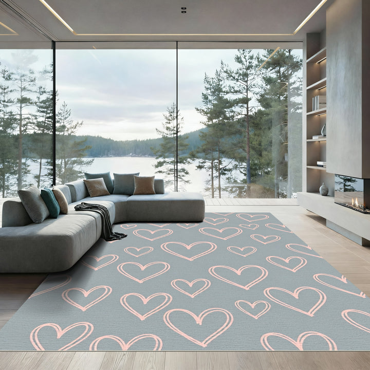 Pink Heart Scatter on Gray Background Rug