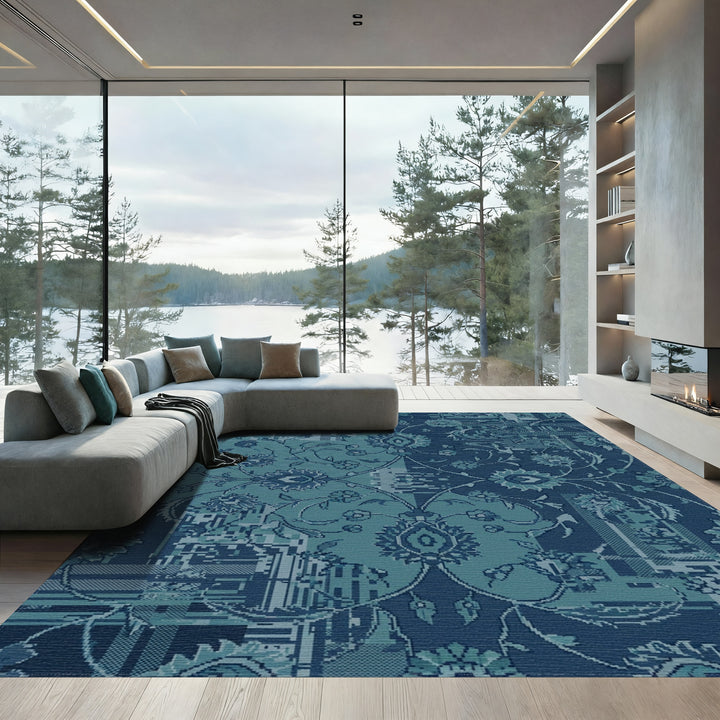 Teal Blue Botanical Pixelated Medallions Rug