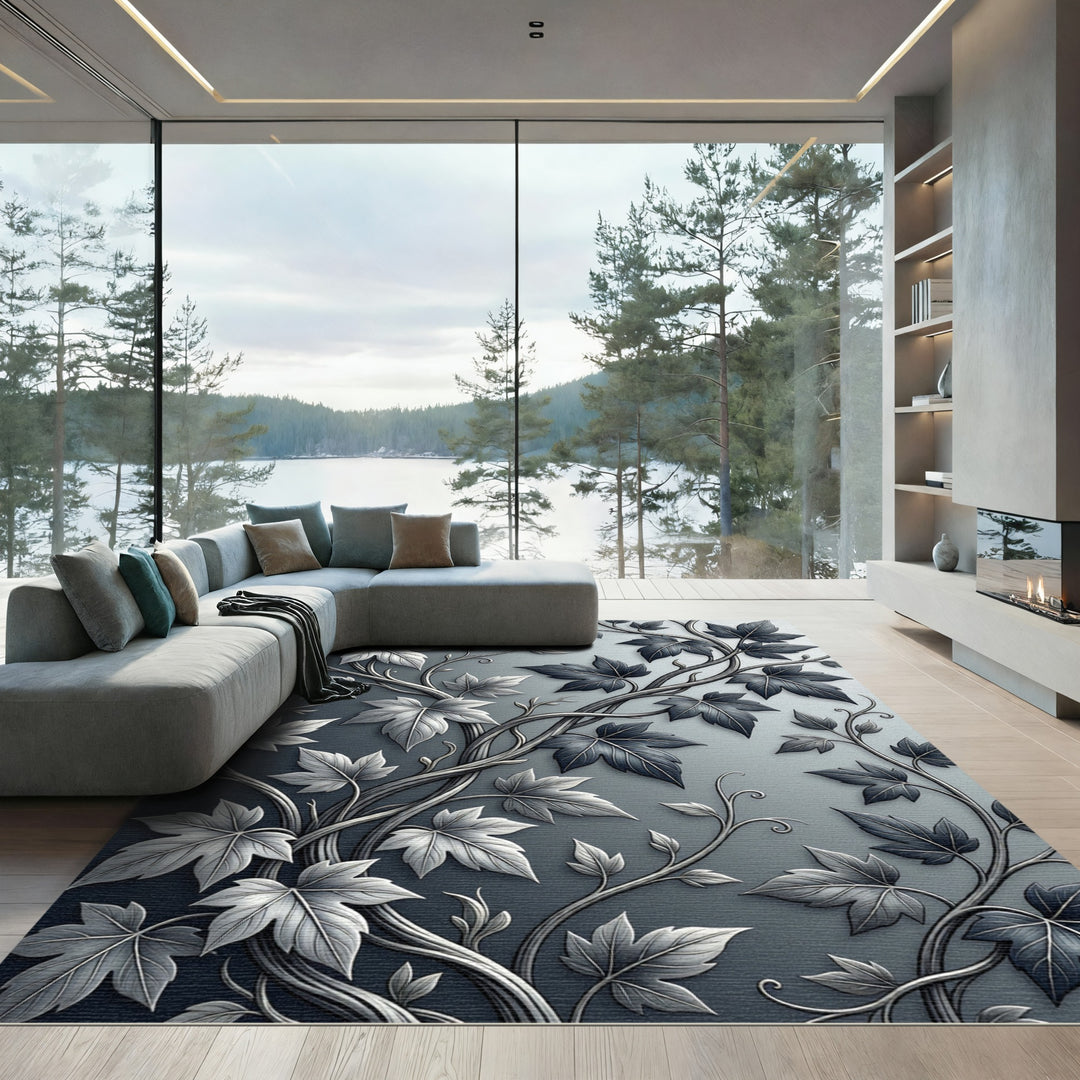 Monochrome Vine Leaf Overlap Rug