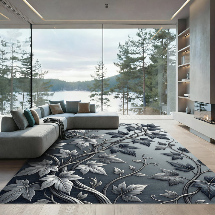 Monochrome Vine Leaf Overlap Rug