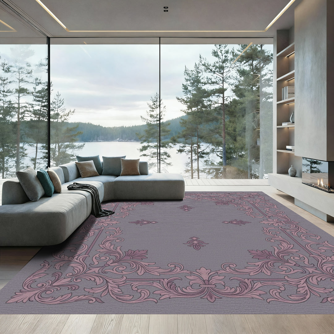Ornate Floral Scrollwork Rose and Gray Rug