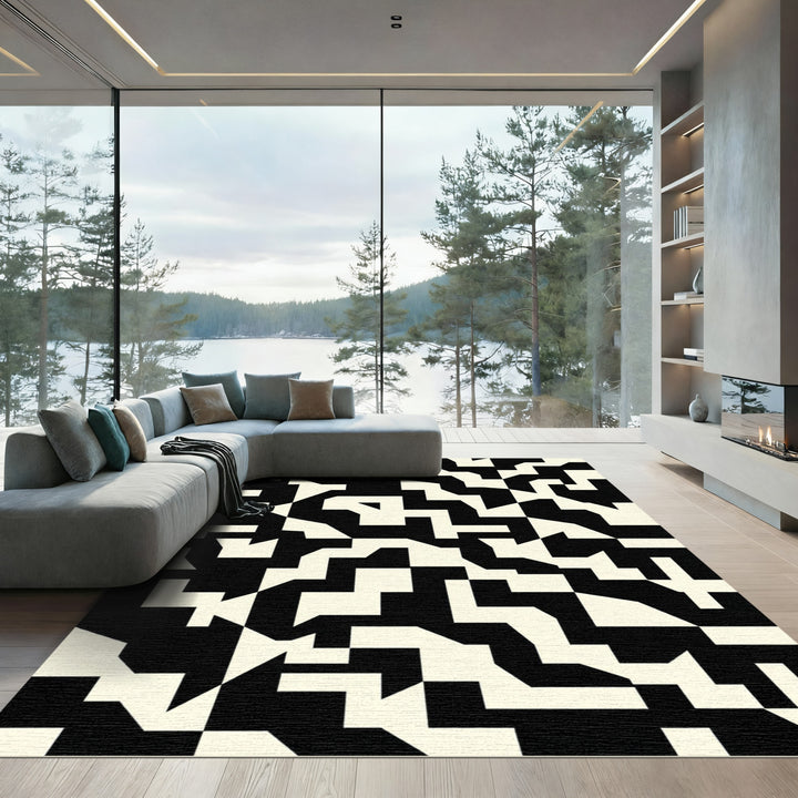 Black White Geometric Angular Overlap Rug