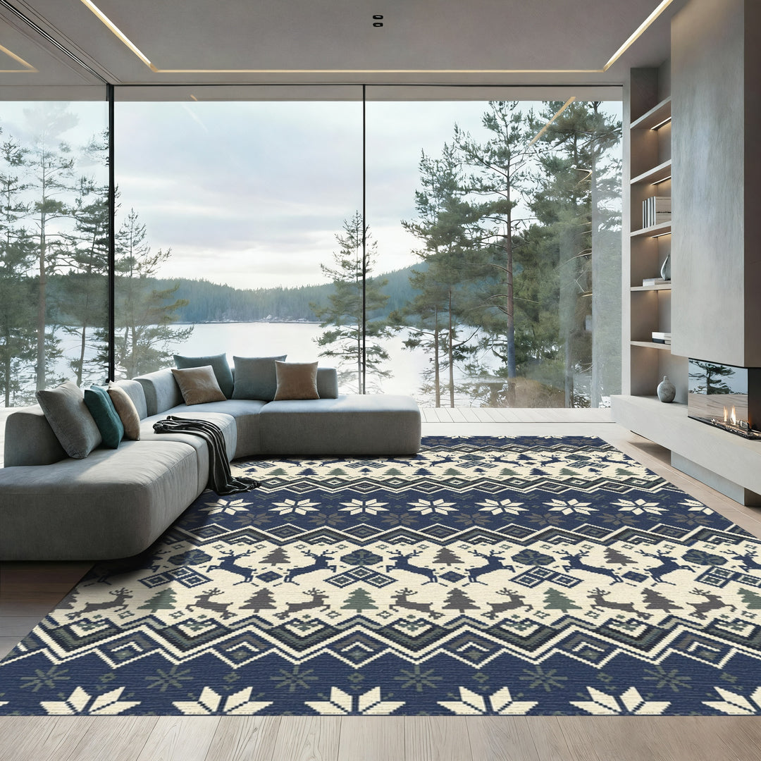 Nordic Reindeer Snowflake Geometric Stripes Rug