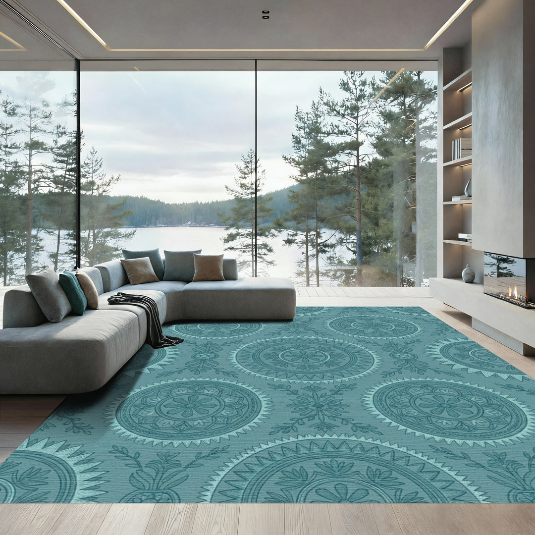 Teal Medieval Medallion Floral Brocade Rug