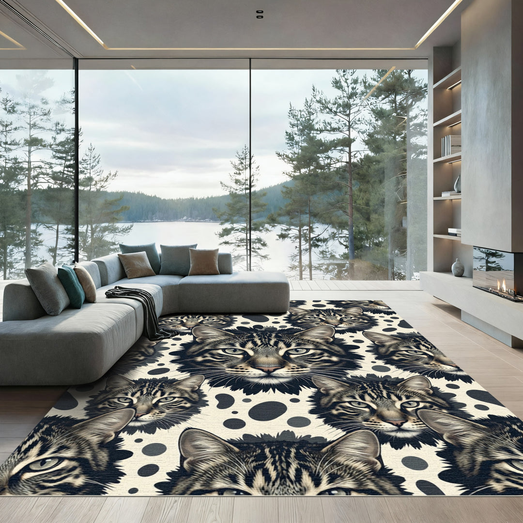 Feline Faces Cream Black Spot Rug