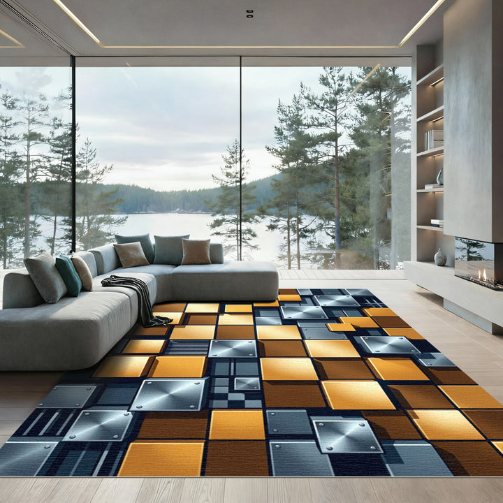 Geometric Gold Silver Cube Rug